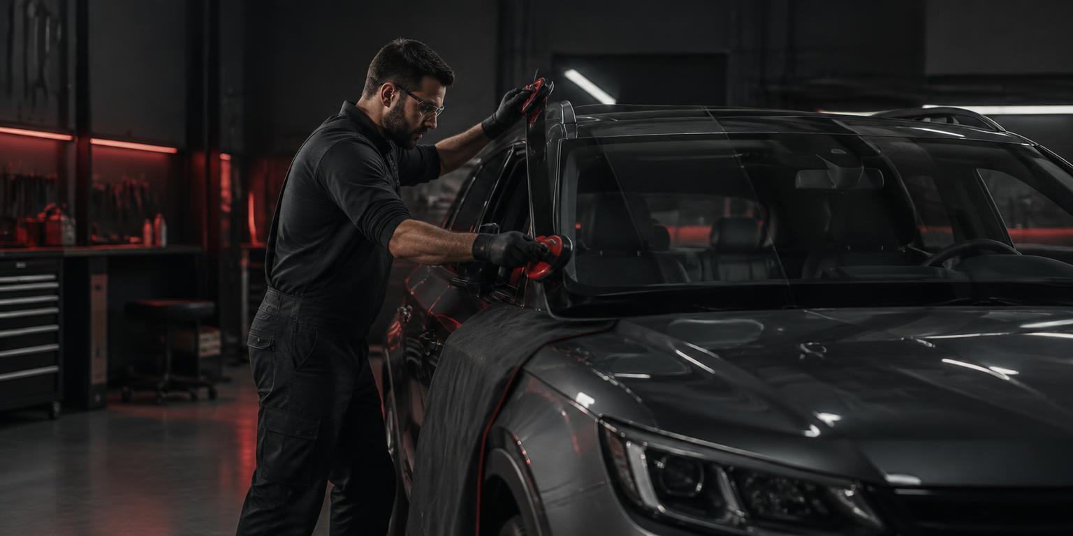Auto-glass technician installing a windshield in a professional workshop
